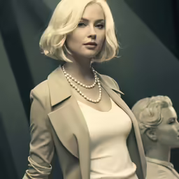 blonde woman dressed in pearls and beige jacket