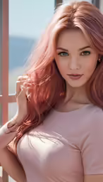 a woman with pink hair is posing for a photo
