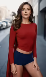 a woman in tight, short shorts and a red top posing