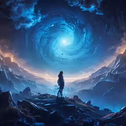 a woman standing in a blue vortex with mountains in the background