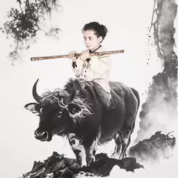 a woman is riding on top of a bull with a stick