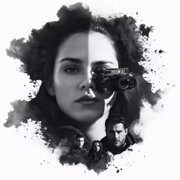 a poster featuring a woman and men with a camera