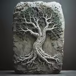 a statue of a tree on top of rocks