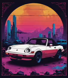 an old car with a bright red hood sitting in front of the sun,an old - fashioned porsche type car with an urban setting in the background