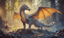 the golden dragon figurine is posed in a scene in the forest
