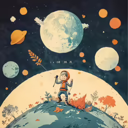 a small cartoon boy flying a kite on top of the moon