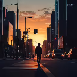 the man walks down the street at sunset