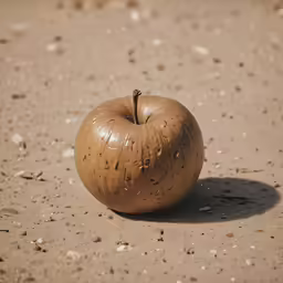a apple sitting on top of a sandy ground