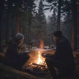 two people standing around a campfire in the woods