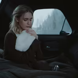 a woman wearing a white pillow sitting in her car