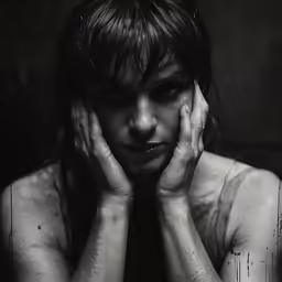 a person leaning against their face looking to the side