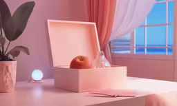 an empty box containing a piece of fruit and a vase of flowers