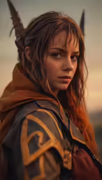 a woman in a costume with a horned headband and an orange cape