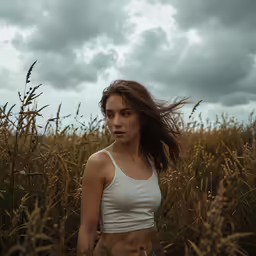 a young girl is shown standing in the middle of a wheat field