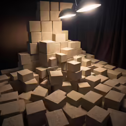 many square pieces of cement piled in a dark room