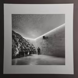 two men standing next to each other by a wall