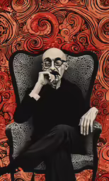 an elderly man sits in a black chair against a patterned red background