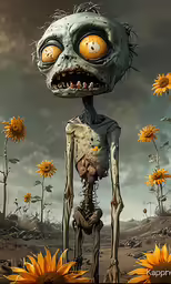 an alien man is standing amongst sunflowers