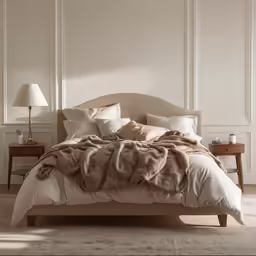the bed has a white comforter and a light colored blanket