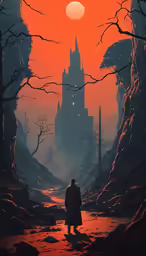 a fantasy scene of a man standing in the woods