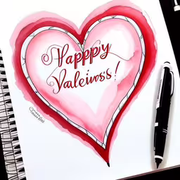 a pink heart has a message written on it and two pens are sitting beside it,an image of heart with happy valentine