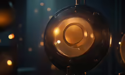 a round light fixture is seen in a darkened room