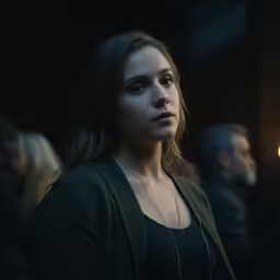 a woman is looking into the camera, and has serious look on her face