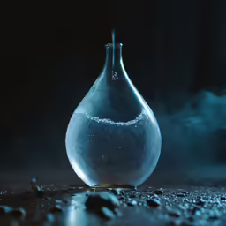 a large clear vase with water inside is sitting on the ground