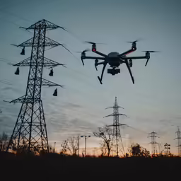 a small unmanned flying over many power lines