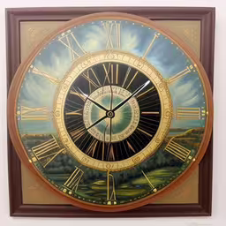 large painting on wall displaying clock in open position,an elaborately painted clock hangs from a wall,large decorative clock with golden numbers in frame,a clock painted with multiple colors in an art gallery,a clock painted on the side of a wall
