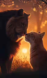 lion and lioness are standing together, facing each other as the sun is setting