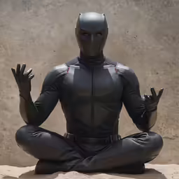 a person in black cat costume sitting in a yoga pose