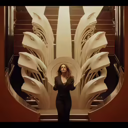 a woman in black standing in front of some white art