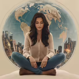 the woman in the white shirt and jeans is meditating in front of a globe