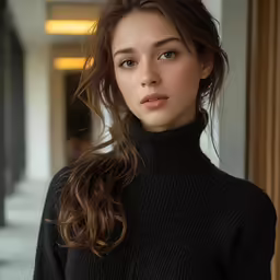 a beautiful woman standing in front of a wall