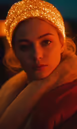 a young woman with a golden hat is staring ahead