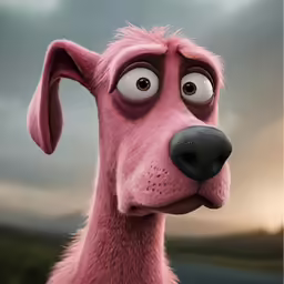 the pink dog has big eyes and is staring