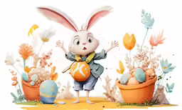 the bunny is holding a yellow egg in his hand
