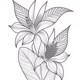 a black and white flower, in the center of a drawing,the sketch of a large flower on the left side of the frame