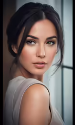 a woman wearing makeup in a white top posing
