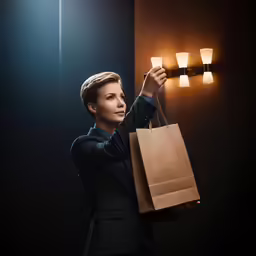 a person in a suit and tie holding a shopping bag