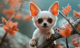 the small white dog has brown ears and big eyes