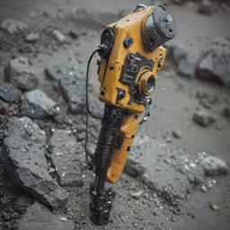a yellow and black mechanical piece on rocks