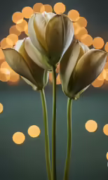 two yellow tulips are in front of a boke of lights