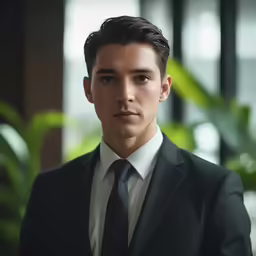 a man in a suit stands in a lobby