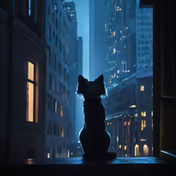 a cat sitting on top of a window sill in a city