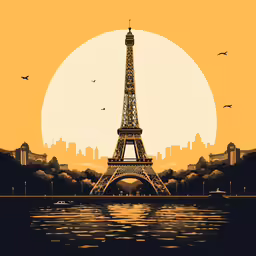 an illustration of the eiffel tower with a sunset