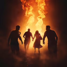 people walking in a field of flames in the distance