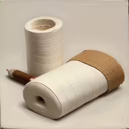 a white roll of material and a pencil on a white background,a roll of white material and an orange pencil,two different types of yarn are sitting next to each other,a couple of white things and a brown roll,a roll of thread and a sewing needle