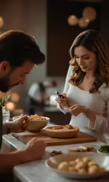 the woman is eating the meal on her cell phone